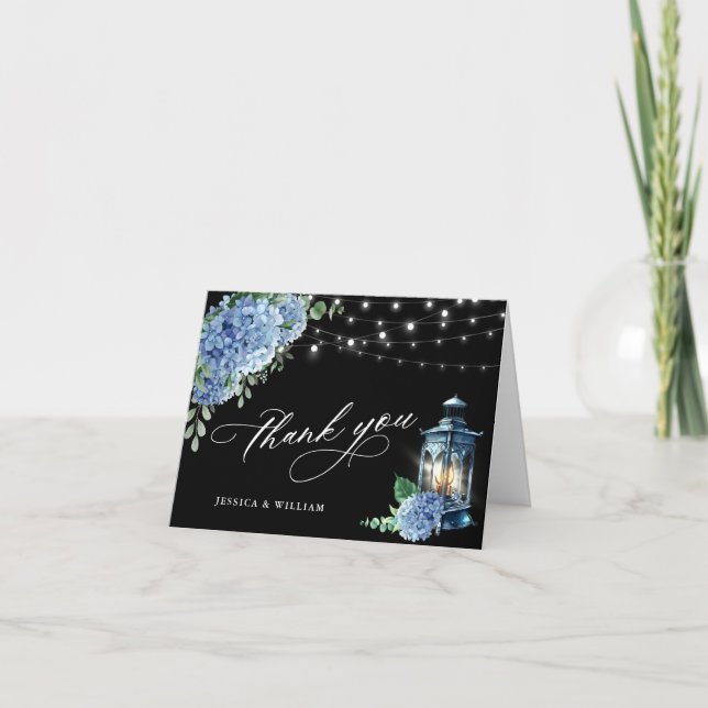 Carte De Remerciements Blue Hydrangea Floral Lanterne noir Boho Mariage (Devant)