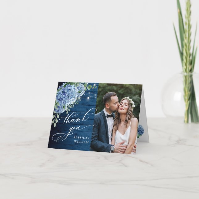 Carte De Remerciements Blue Hydrangea Lantern Navy Mariage de bois (Devant)