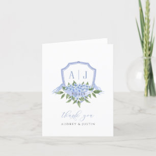 Carte De Remerciements Blue Hydrangea Monogram Crest Customisé Mariage