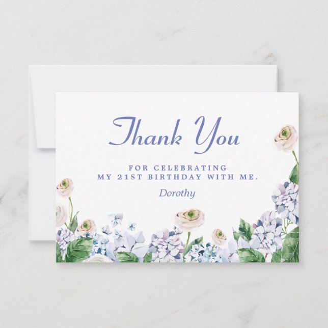 Carte De Remerciements Blue Hydrangea Rose blanche 21e anniversaire (Devant)