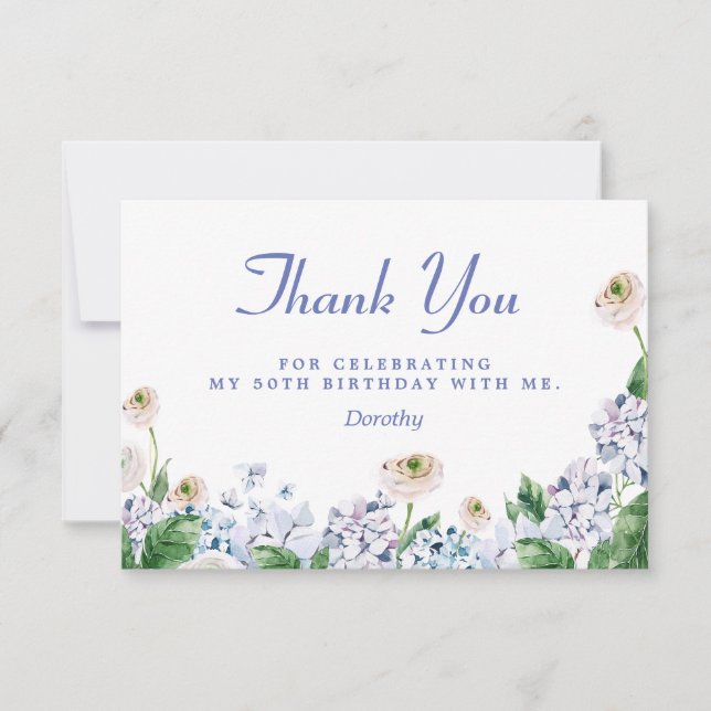 Carte De Remerciements Blue Hydrangea Rose blanche 50e anniversaire (Devant)