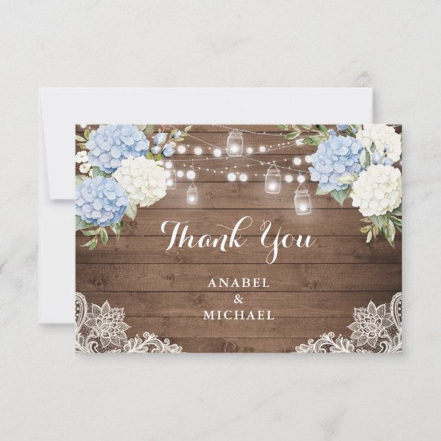 Carte De Remerciements Blue Hydrangea Rustic Bois String Mariage clair (Devant)