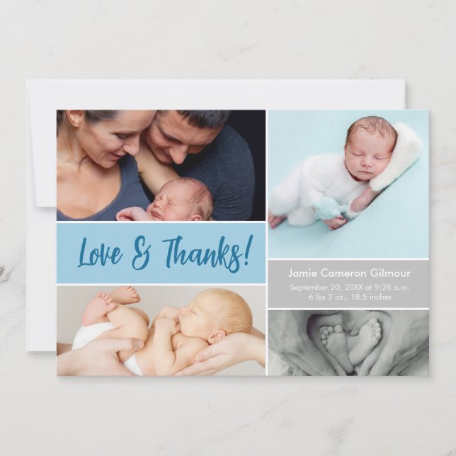 Carte De Remerciements Blue Love & Thanks Photo Collage Bébé garçon Douch (Devant)