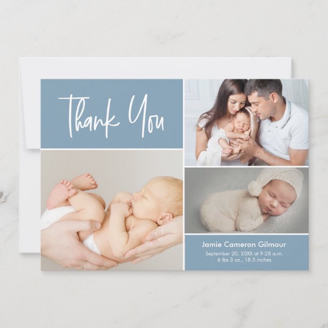 Carte De Remerciements Blue Modern Handlettering Baby Photo Collage (Devant)