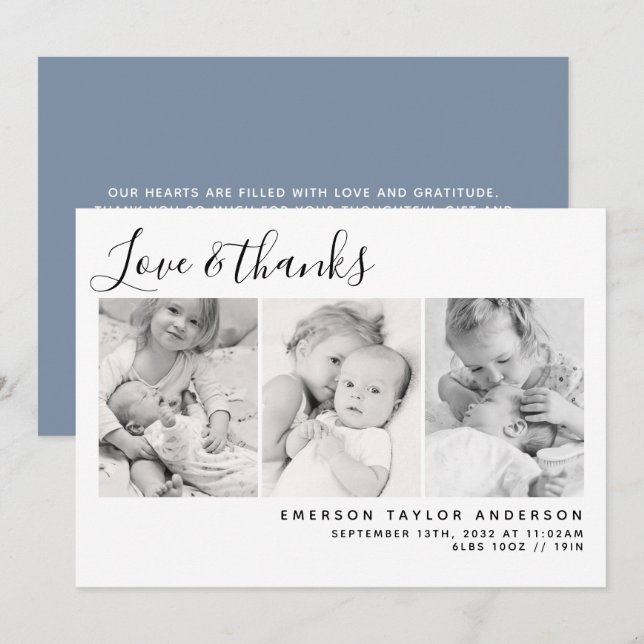 Carte De Remerciements Blue Modern Trois Photos Nouveau bébé (Devant / Derrière)