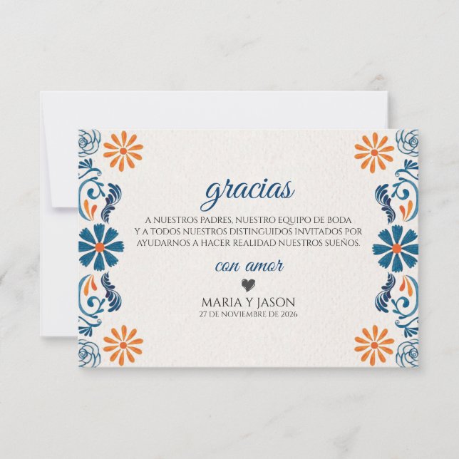 Carte De Remerciements Blue Orange Floral Elegant Fiesta Spanish Wedding (Devant)