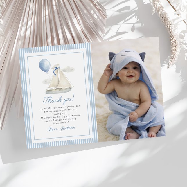 Carte De Remerciements Blue Pastel Nautical Sail Boat 1er Anniversaire Ph (Créateur téléchargé)