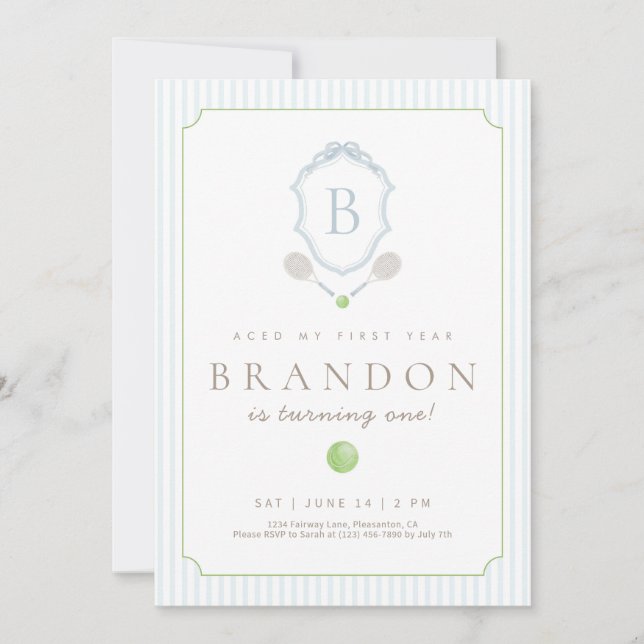 Carte De Remerciements Blue Preppy Tennis Crest 1st Birthday invite (Devant)