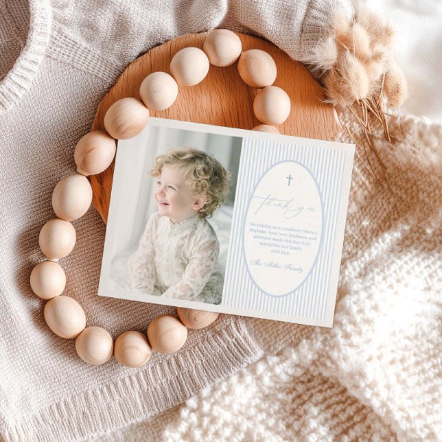 Carte De Remerciements Blue Striped Baptism Flat Thank You Card (Créateur téléchargé)