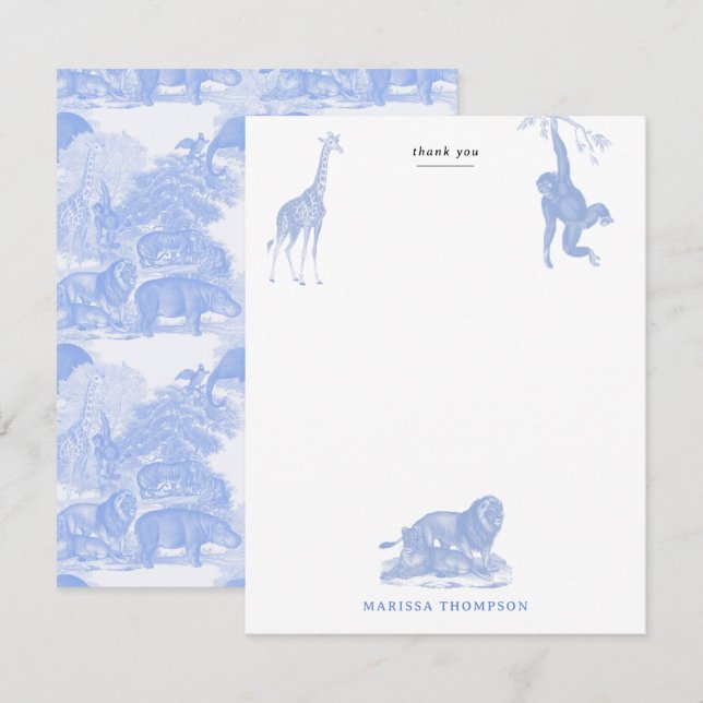 Carte De Remerciements Blue Toile Jungle Animaux Safari Chinoiserie (Devant / Derrière)