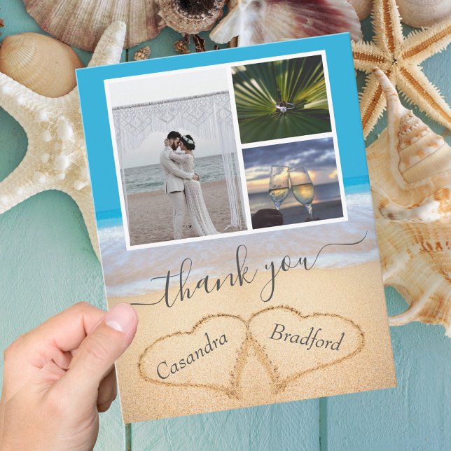 Carte De Remerciements Blue Tropical Beach Hearts en Mariage de sable (Créateur téléchargé)