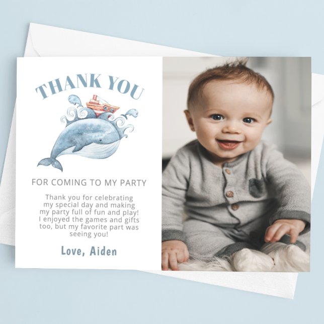 Carte De Remerciements Blue Whale Boy Photo Anniversaire (Créateur téléchargé)