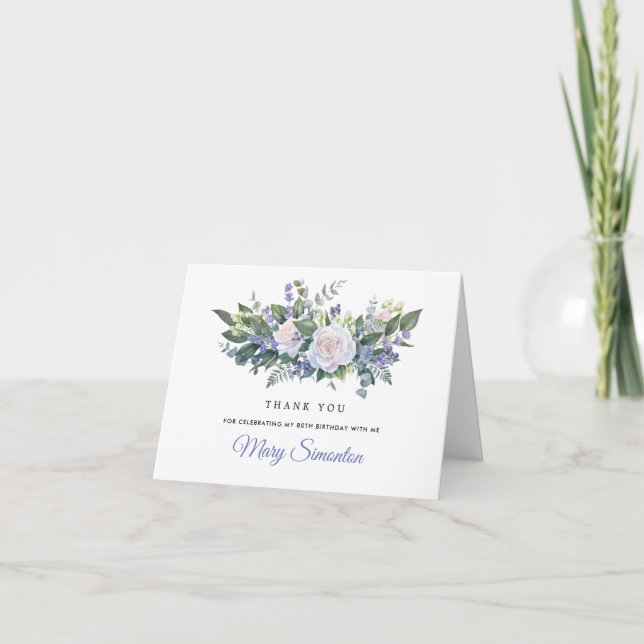Carte De Remerciements Blue White Floral 80th Birthday Photo (Devant)