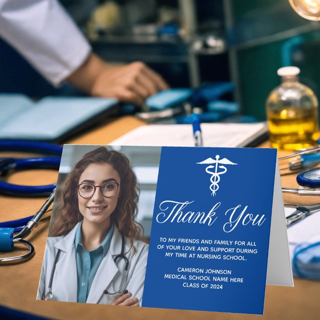 Carte De Remerciements Blue White Graduation Photo École Médicale (Créateur téléchargé)