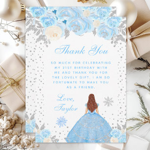 Carte De Remerciements Blue Winter Brown Cheveux Princesse Anniversaire