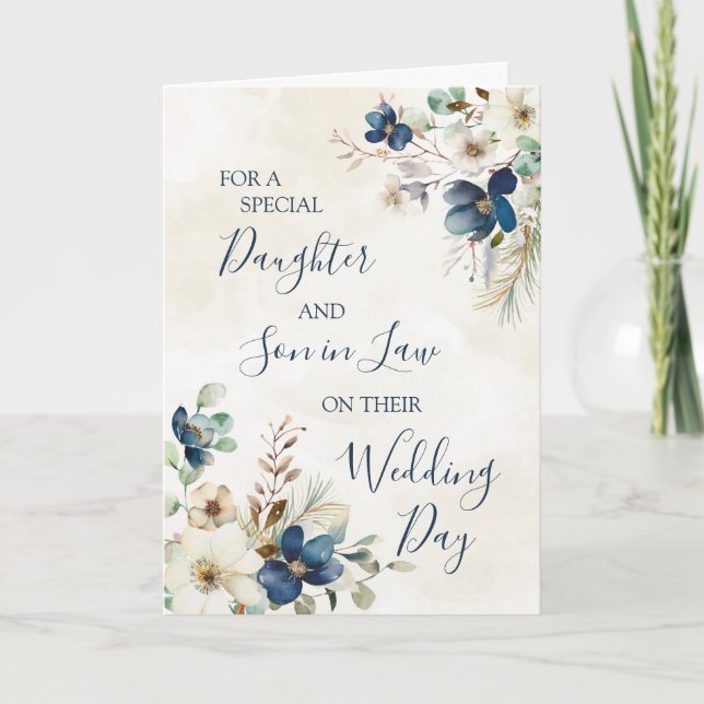 Carte De Remerciements Blue Winter Floral Wedding Day Daughter Son in Law (Devant)