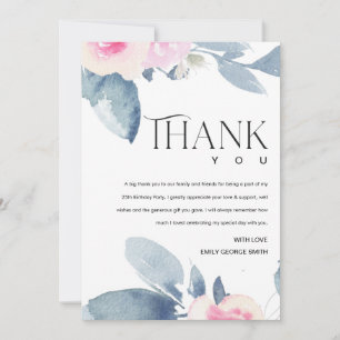 CARTE DE REMERCIEMENTS BLUSH BLANC DOUX FLEURS BLEUES 25ÈME ANNIVERSAIRE 