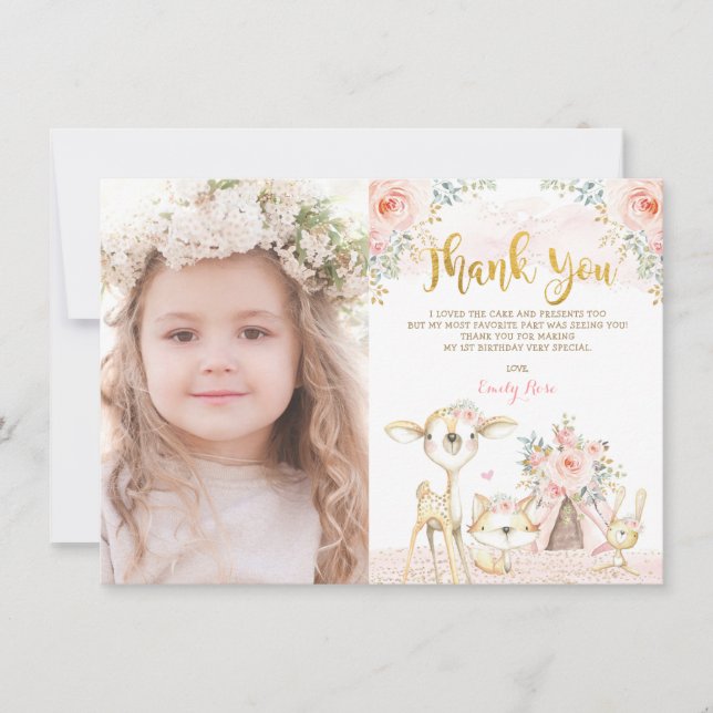 Carte De Remerciements Blush Floral Woodland Animaux sauvages 1er anniver (Devant)
