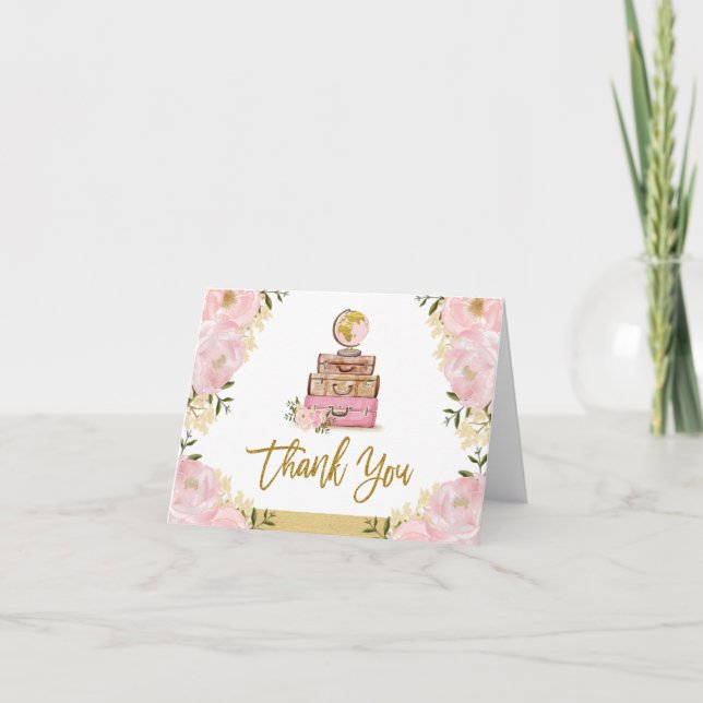 Carte De Remerciements Blush Gold Floral Travel Suitcase Fête des mariées (Devant)