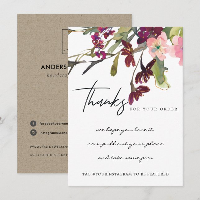 CARTE DE REMERCIEMENTS BLUSH GOLD MARSALA FLORALE ENTREPRISE LOGO (Devant / Derrière)