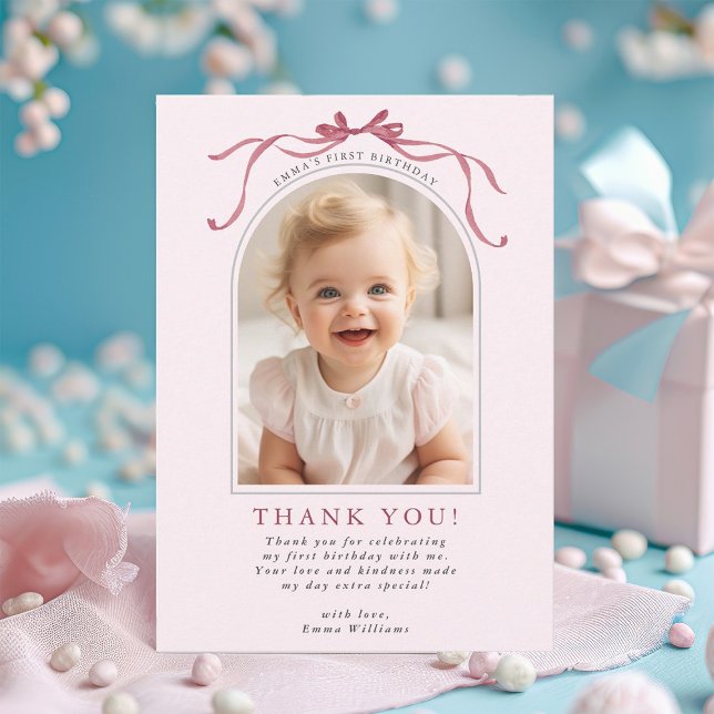 Carte De Remerciements Blush Pink Red Bow Birthday Arch Photo (Créateur téléchargé)