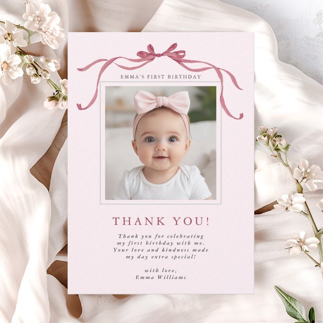 Carte De Remerciements Blush Pink Red Bow Birthday Photo (Créateur téléchargé)