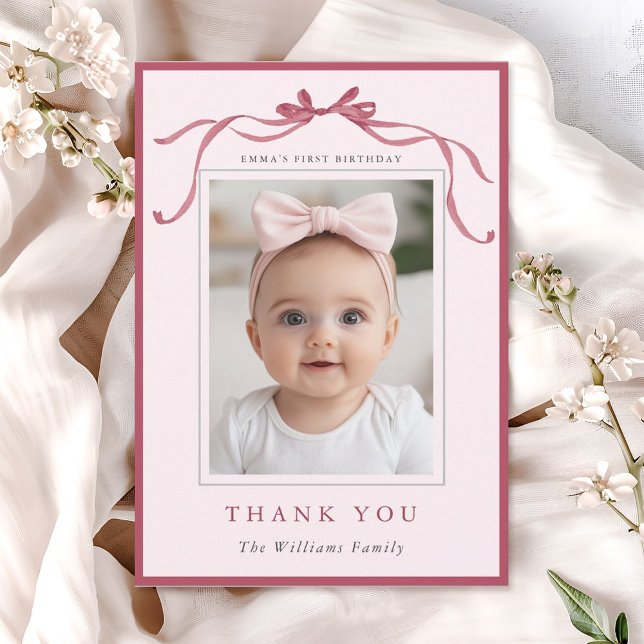 Carte De Remerciements Blush Pink Red Bow Simple Birthday Photo  (Créateur téléchargé)