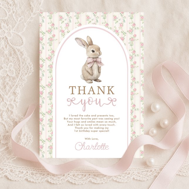 Carte De Remerciements Blush Vintage Bunny Pink Bow Anniversaire fille (Créateur téléchargé)
