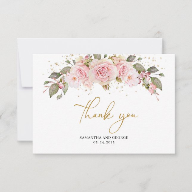 Carte De Remerciements Bohème fleurs roses blush rose or floral (Devant)