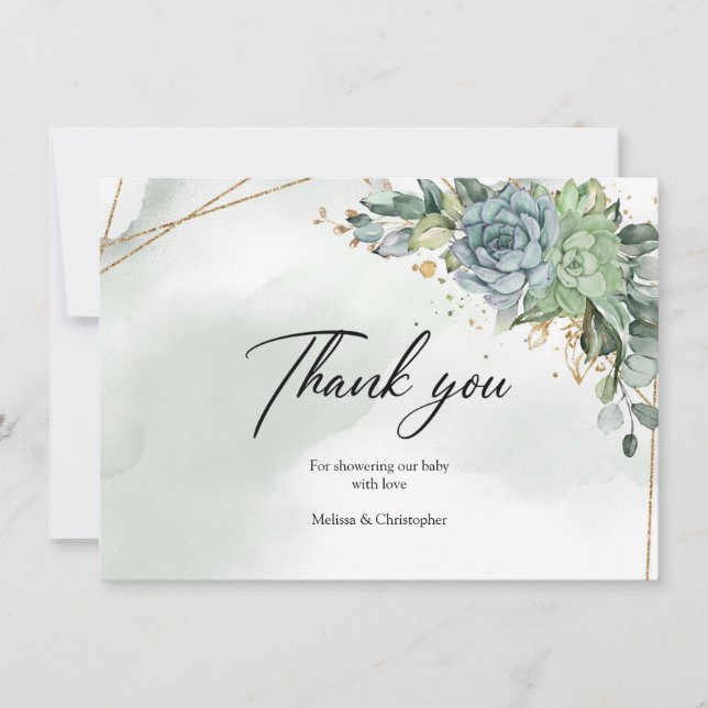 Carte De Remerciements Bohème vert succulents eucalyptus feuillage or (Devant)