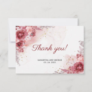 Carte De Remerciements Bohemian Blush Burgundy Roses Faux Gold Mariage