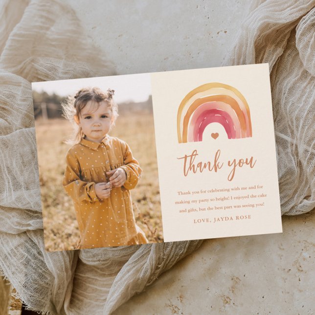 Carte De Remerciements Boho Anniversaire Enfants Photo (Boho rainbow kids photo birthday party thank you card.)