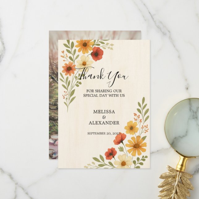 Carte De Remerciements Boho aquarelle fleurs photo mariage (Devant/Arrière en situation)