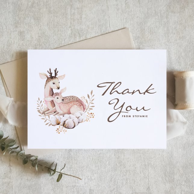 Carte De Remerciements Boho Aquarelle maman et bébé Deer Woodland (Woodland theme thank you card features a watercolor mommy and baby deer and foliage.)