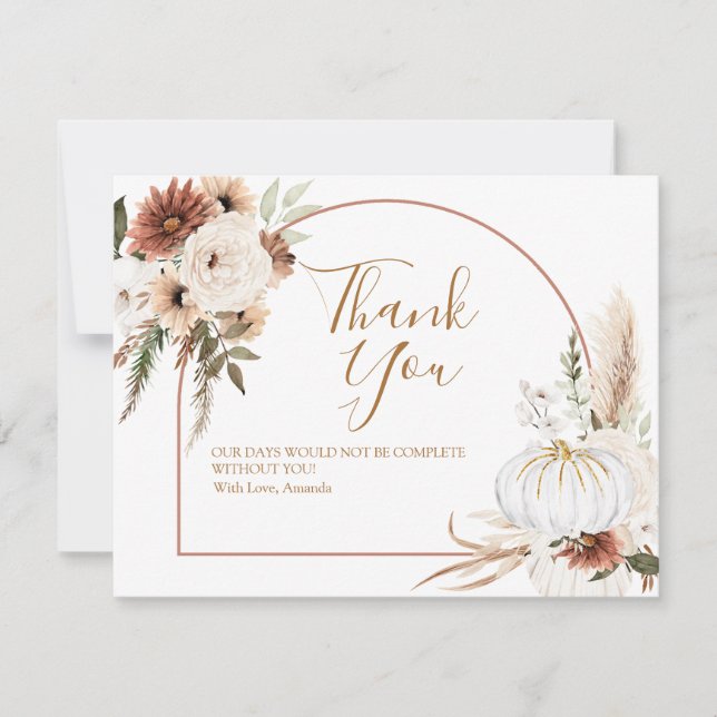 Carte De Remerciements Boho Arch Citrouille blanc Baby shower floral (Devant)