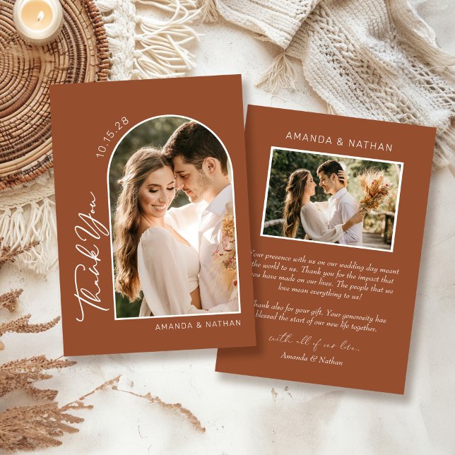 Carte De Remerciements Boho Arch Photo Mariage en terre cuite (Créateur téléchargé)
