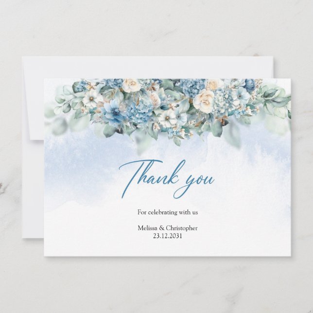 Carte De Remerciements Boho bleu hydrangea et roses blanches eucalyptus (Devant)
