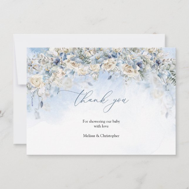 Carte De Remerciements Boho bleu poussiéreux fleurs blanc roses eucalyptu (Devant)