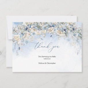 Carte De Remerciements Boho bleu poussiéreux fleurs blanc roses eucalyptu