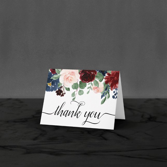 Carte De Remerciements Boho Bloom | Burgundy Rouge et bleu marine photo (Créateur téléchargé)