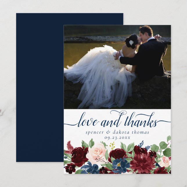 Carte De Remerciements Boho Blooms | Rustic Navy et Red Photo Love and (Devant / Derrière)