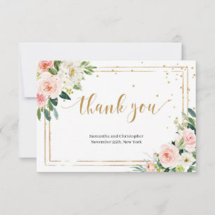 Carte De Remerciements Boho Blush rose Fleurs faux or cadre géométrique