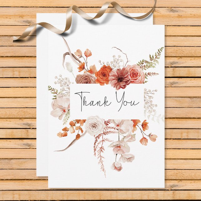Carte De Remerciements Boho Brûlé Orange Arc Floral Monogramme Blanc (Créateur téléchargé)