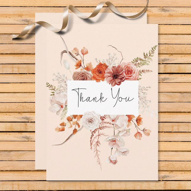 Carte De Remerciements Boho Burange Orange Floral Arc Monogramme Pêche (Créateur téléchargé)