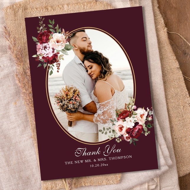 Carte De Remerciements Boho Burgundy Frontière Florale Mariage Photo (Créateur téléchargé)