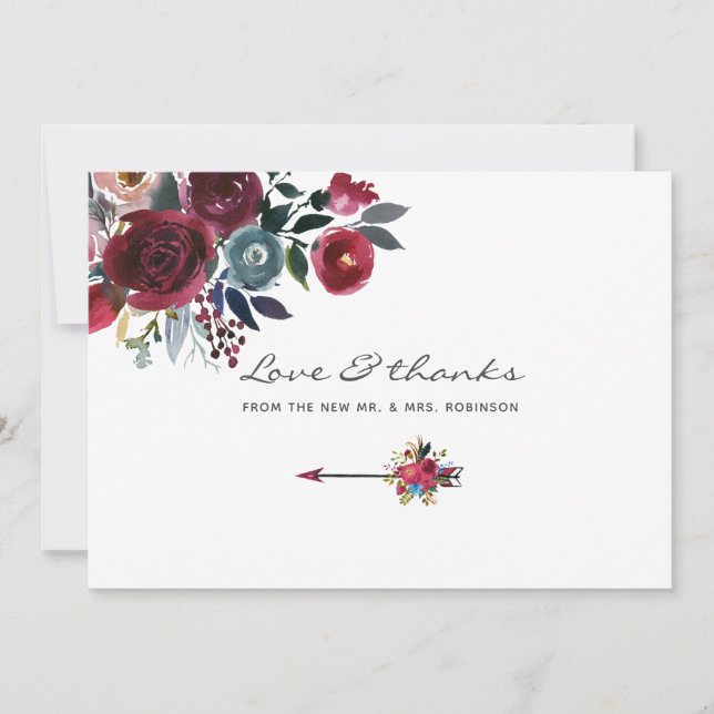 Carte De Remerciements Boho Chic Bourgogne et Mariage floral Navy (Devant)