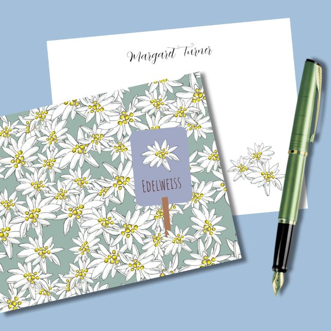 Carte De Remerciements Boho Chic Edelweiss Fleur sauvage alpin Sage Green (This boho sage green thank you card features my own hand-drawn Edelweiss Alpine wildflowers.)