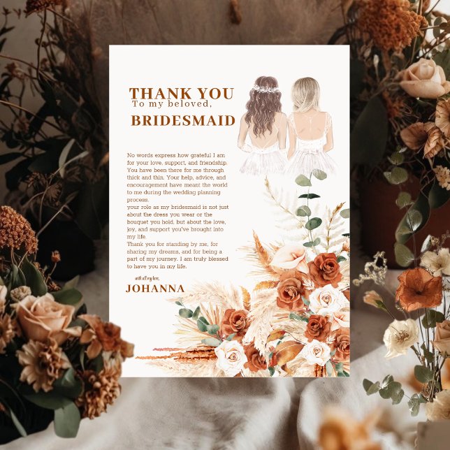 Carte De Remerciements Boho Chic Terracotta Pampas Bridesmaid Thank You  (Créateur téléchargé)