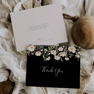 Carte De Remerciements Boho classique Fleur sauvage noir plat Mariage noi