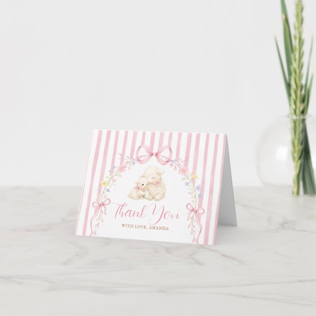 Carte De Remerciements Boho Cute A little lamb Pink Bow Gingham (Devant)